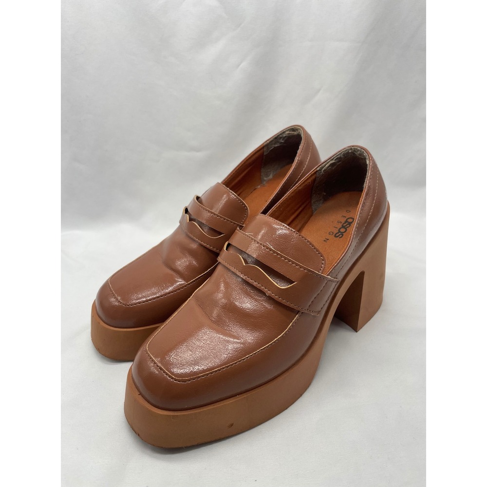 ASOS‎ DESIGN Profile Chunky High Heeled Loafer In Tan Size 40/9